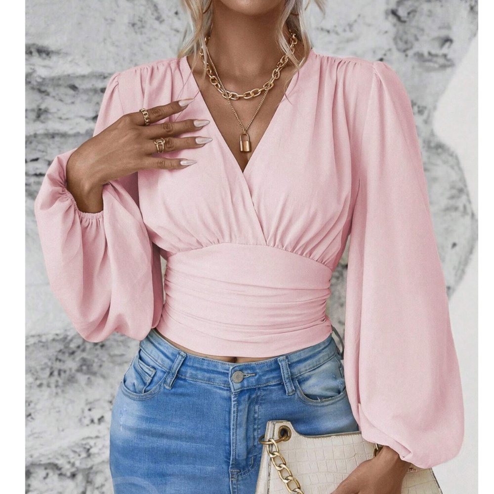 Pink V-Neck Long Lantern Sleeve Ruched Top Shirt Blouse
